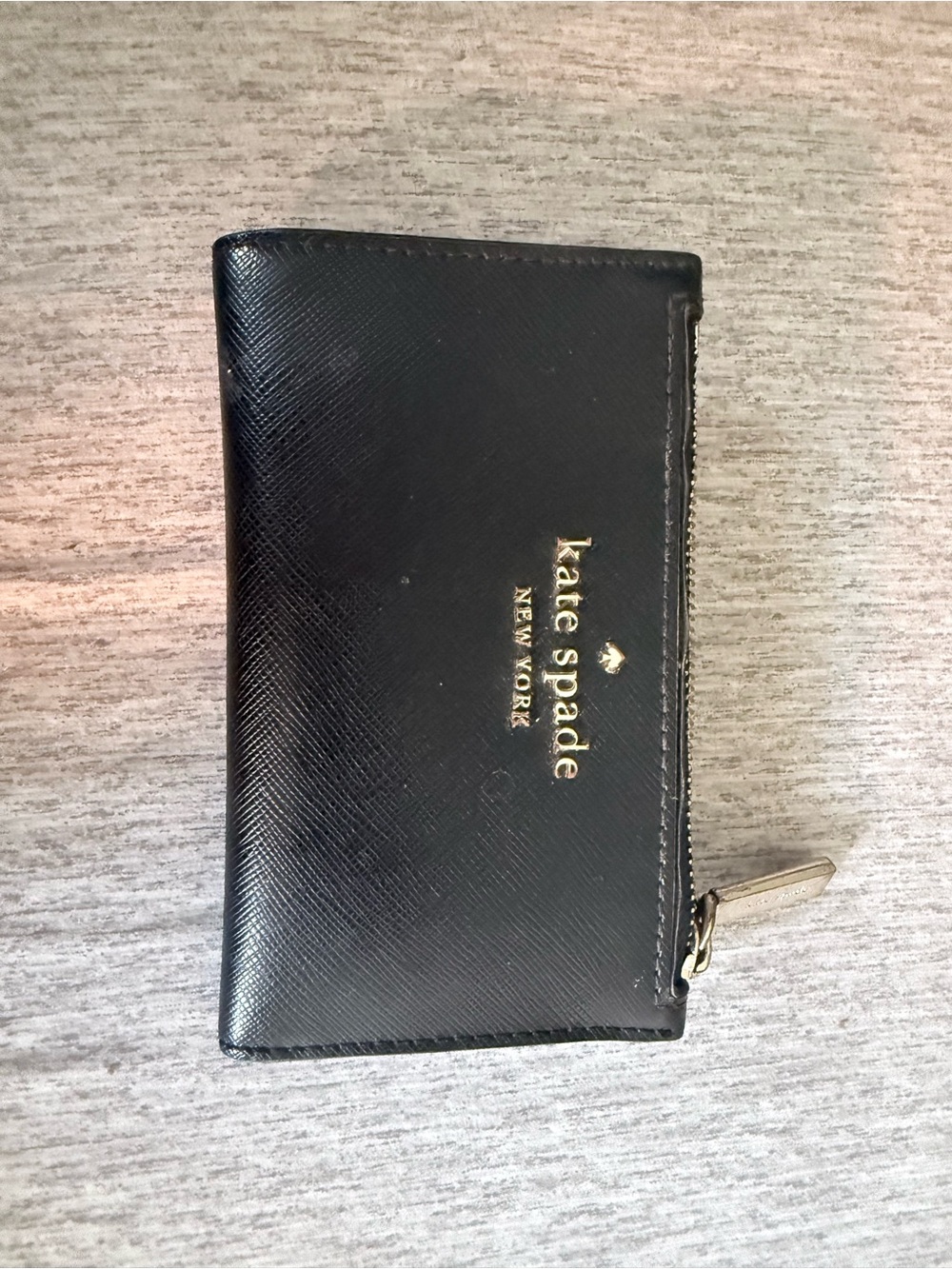kate spade Black Leather Zip Card Case with Gold Logo